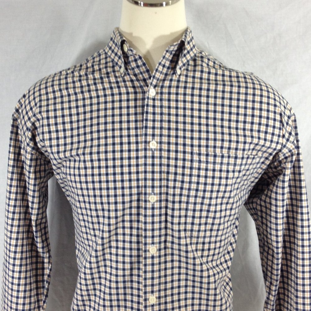 Structure Mens Long Sleeve Button Down Shirt Blue/White/Gold Plaid Sz Med.